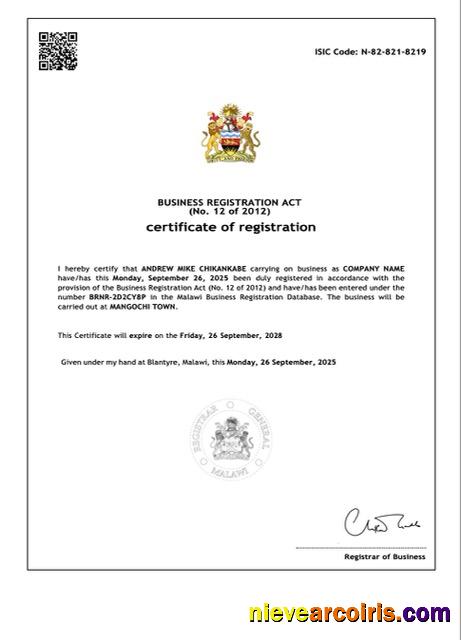 Malawi certificate of registration